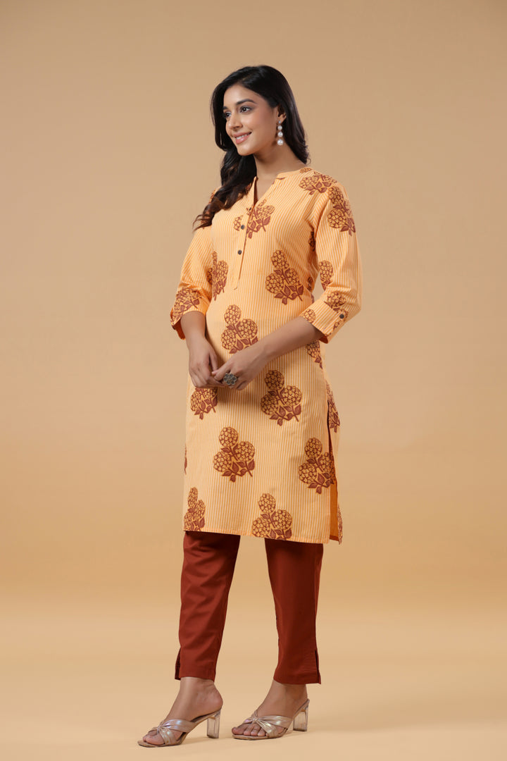 Beige Cotton Printed Straight Kurta Pant Set