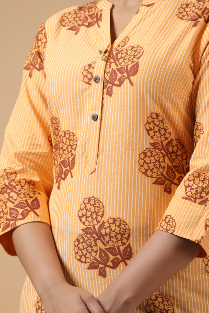 Beige Cotton Printed Straight Kurta Pant Set