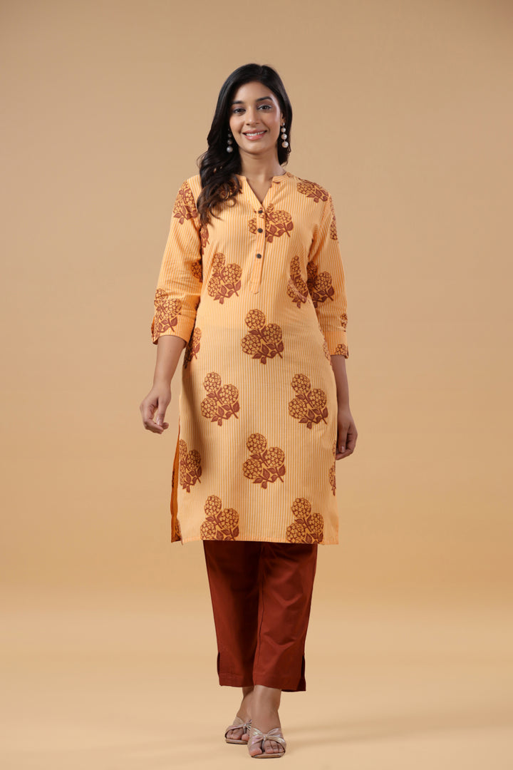Beige Cotton Printed Straight Kurta Pant Set