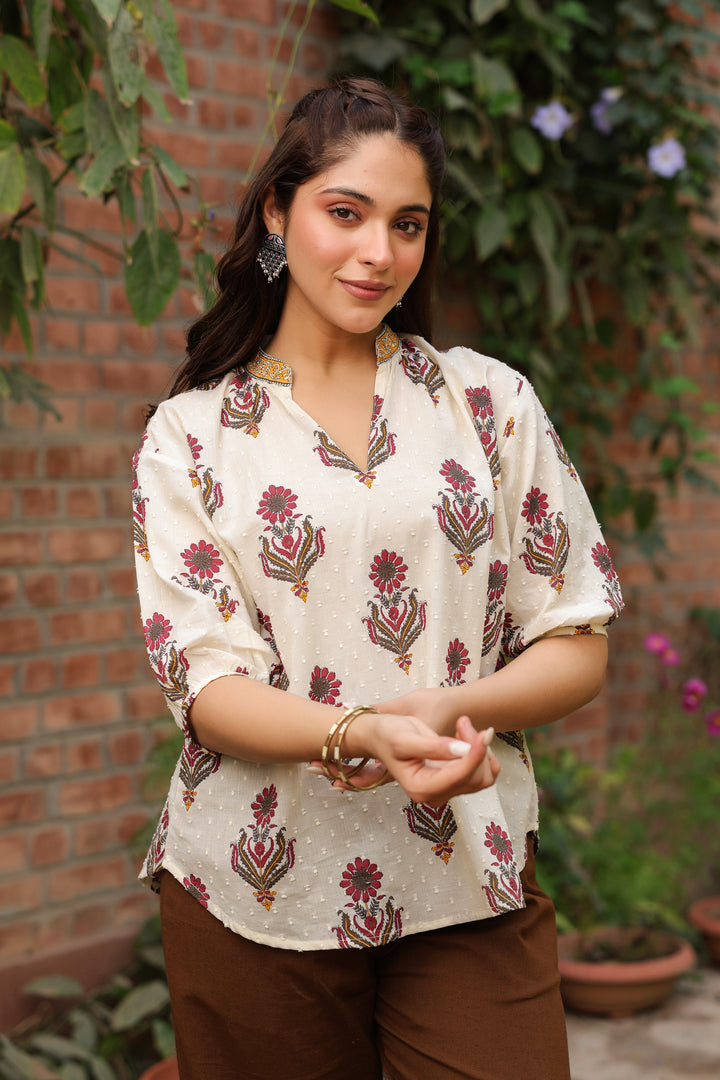 Beige Cotton Dobby Printed Top