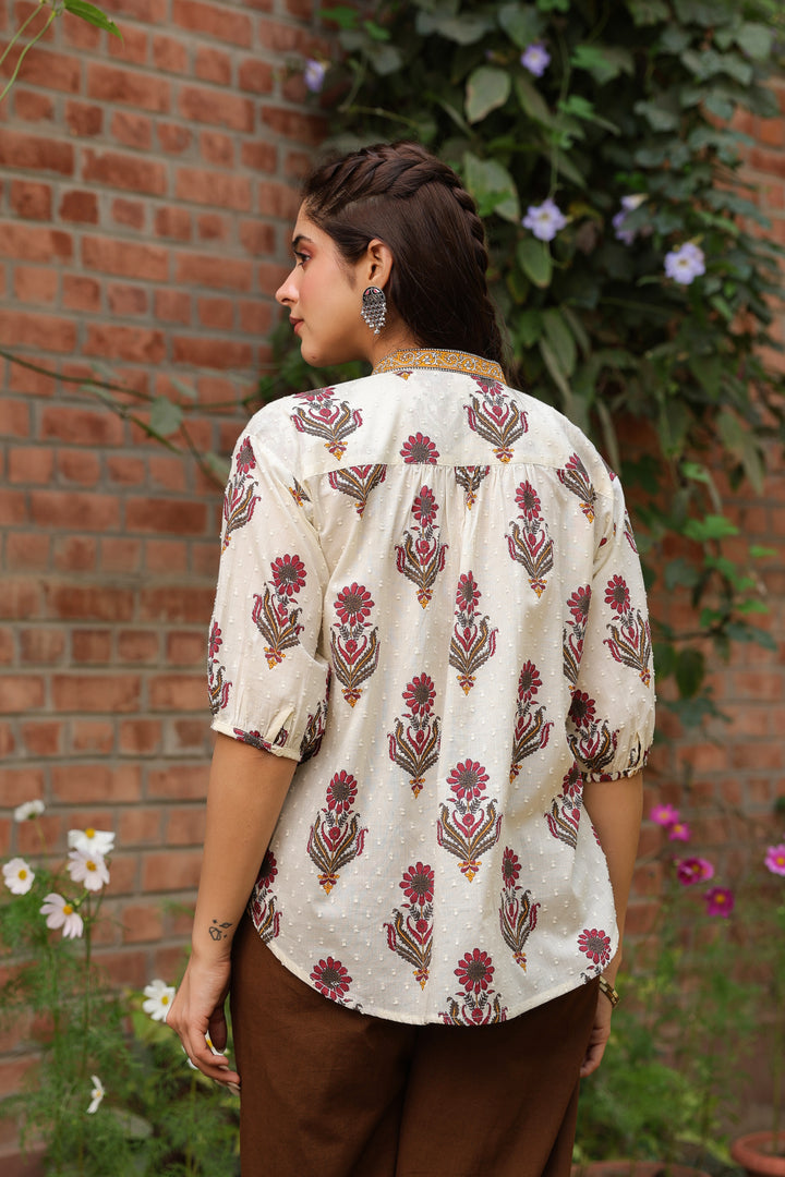 Beige Cotton Dobby Printed Top
