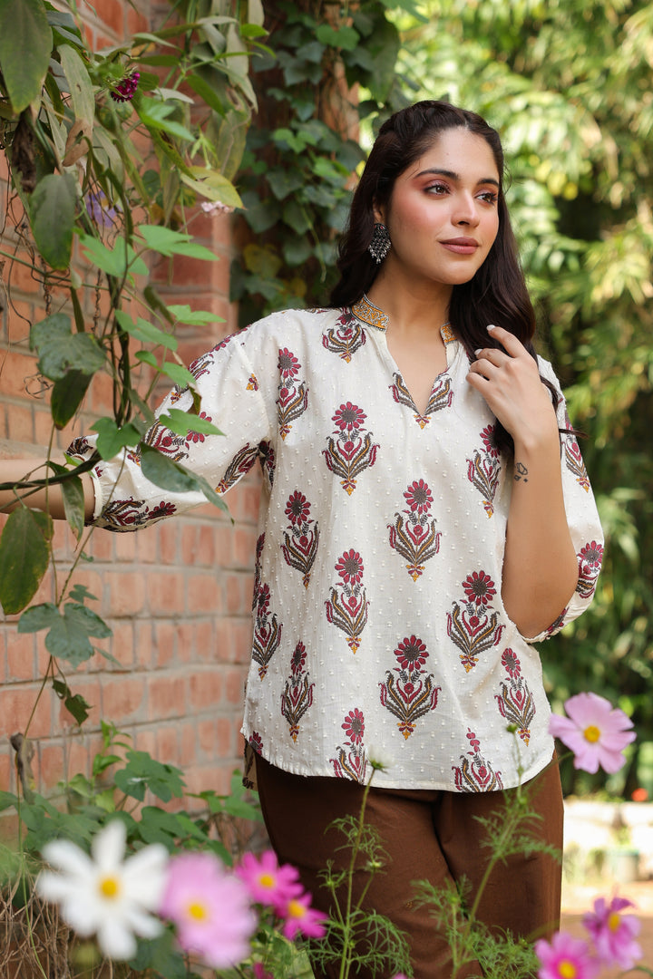 Beige Cotton Dobby Printed Top