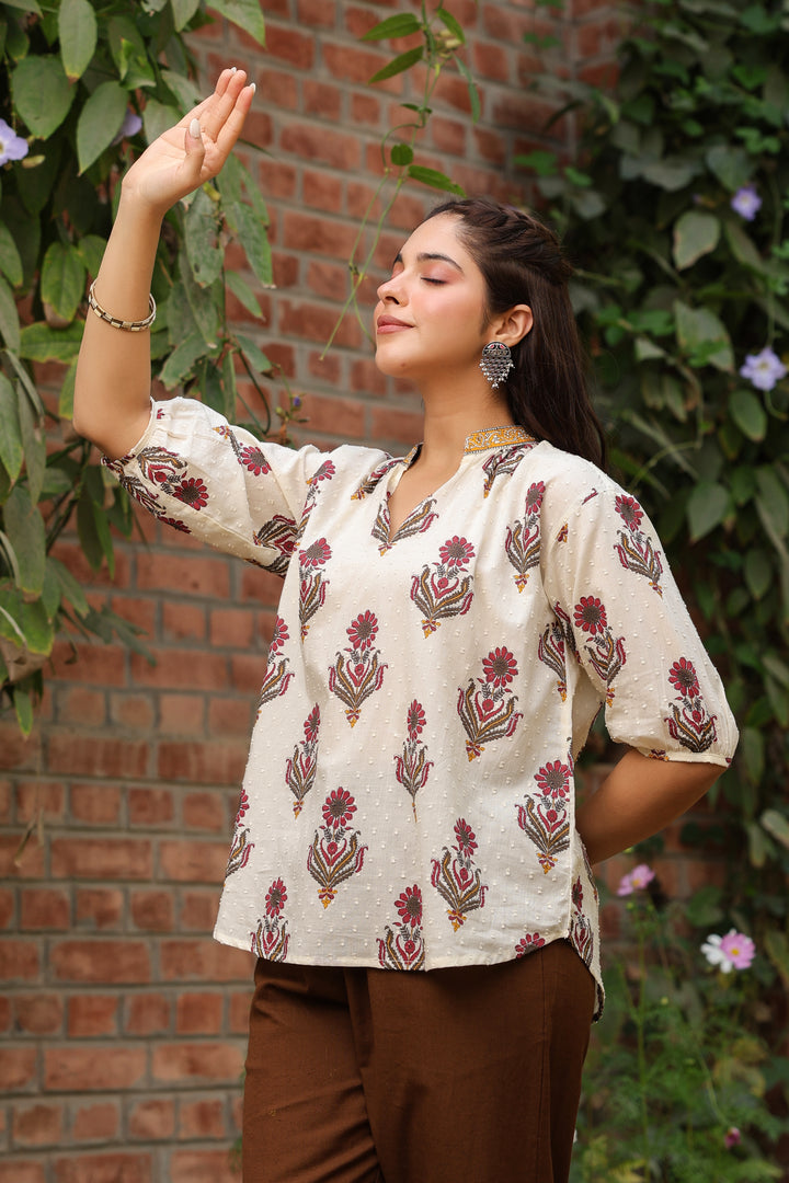 Beige Cotton Dobby Printed Top