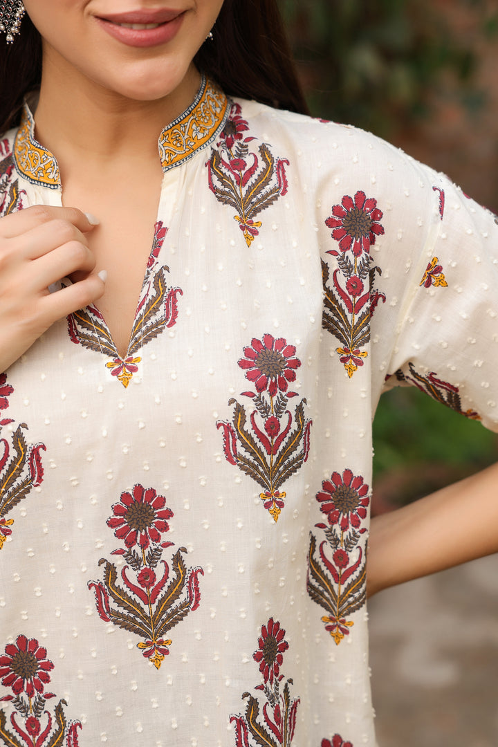 Beige Cotton Dobby Printed Top