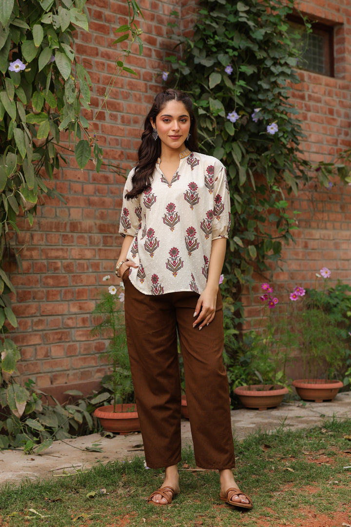 Beige Cotton Dobby Printed Top