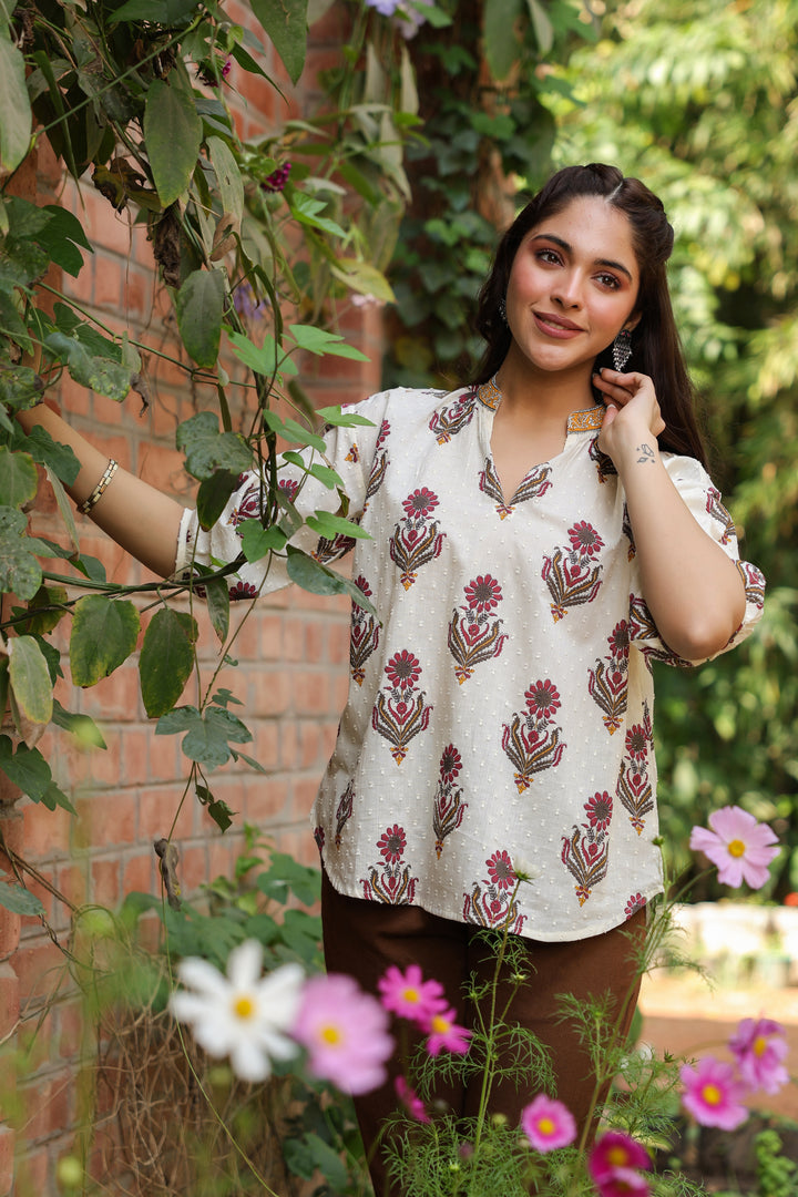 Beige Cotton Dobby Printed Top