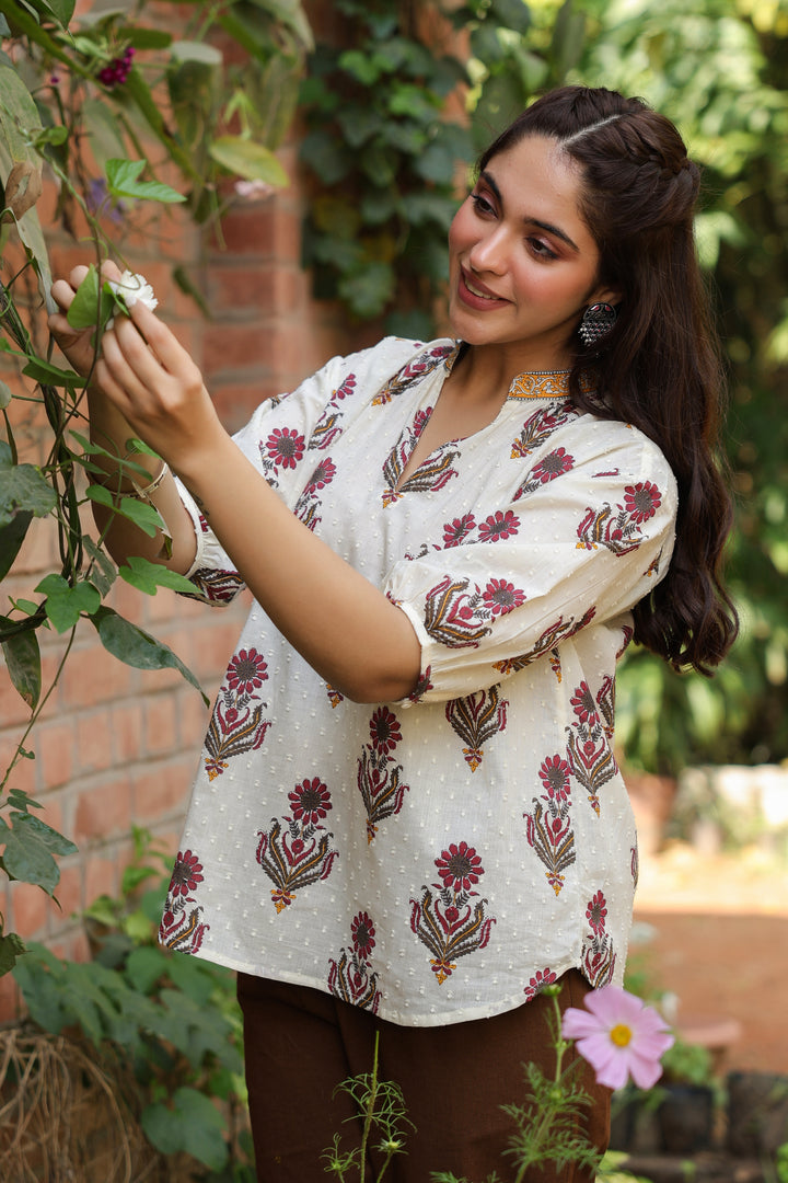 Beige Cotton Dobby Printed Top