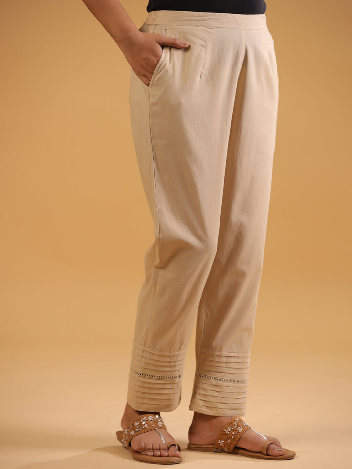 Beige Cotton Pintuck Detailed Pant