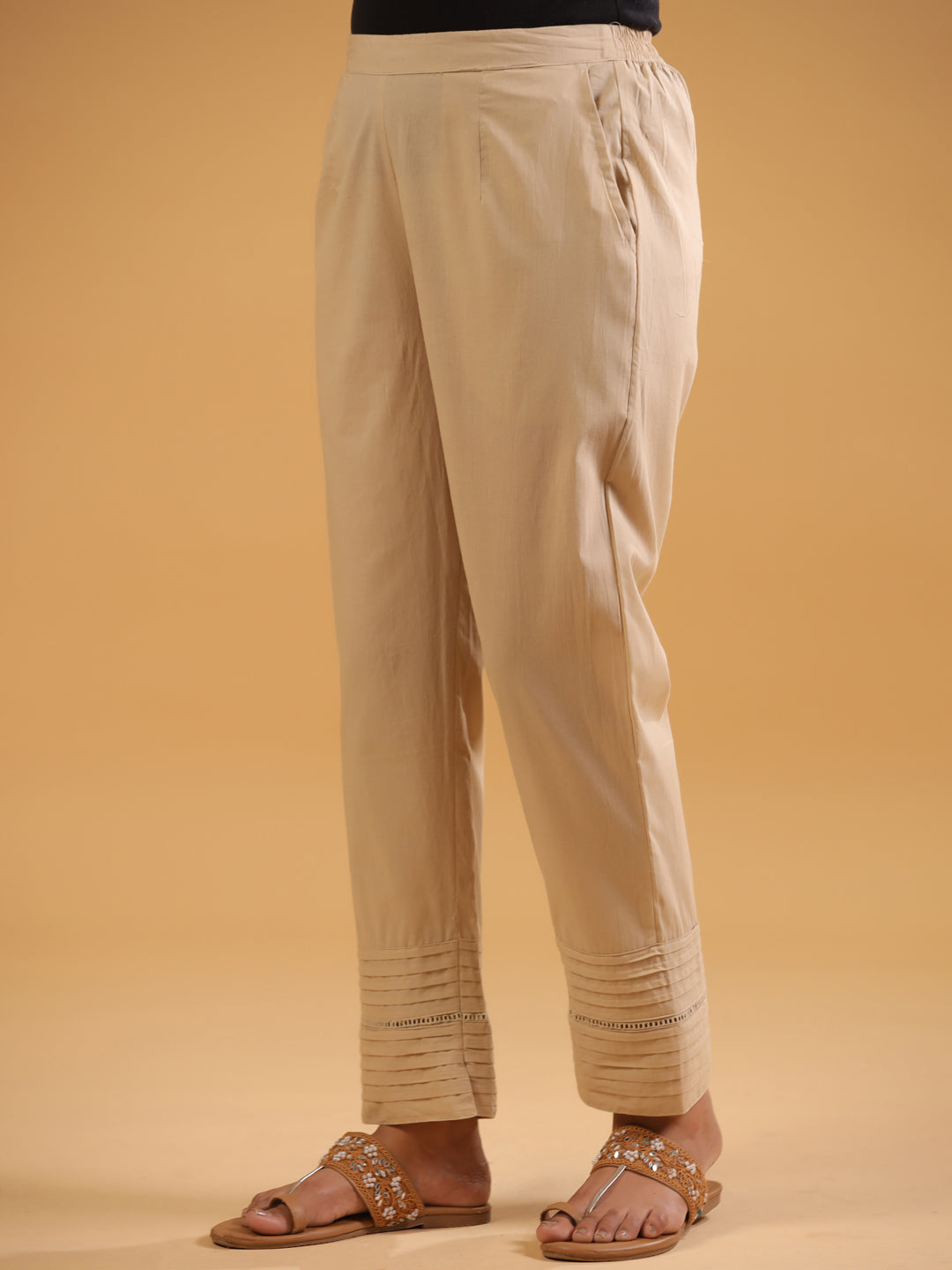 Beige Cotton Pintuck Detailed Pant