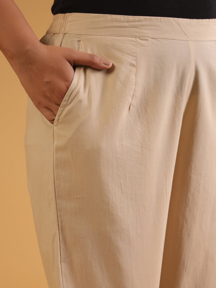 Beige Cotton Pintuck Detailed Pant