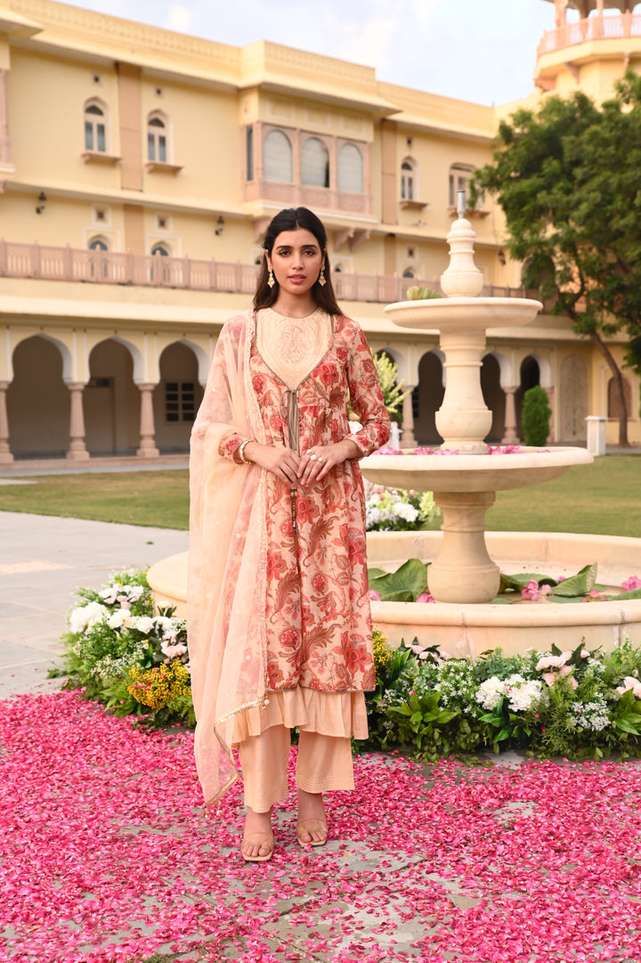Beige Chanderi Floral Print Zari Work A-Line Kurta Ethnic Jacket Palazzo With Dupatta