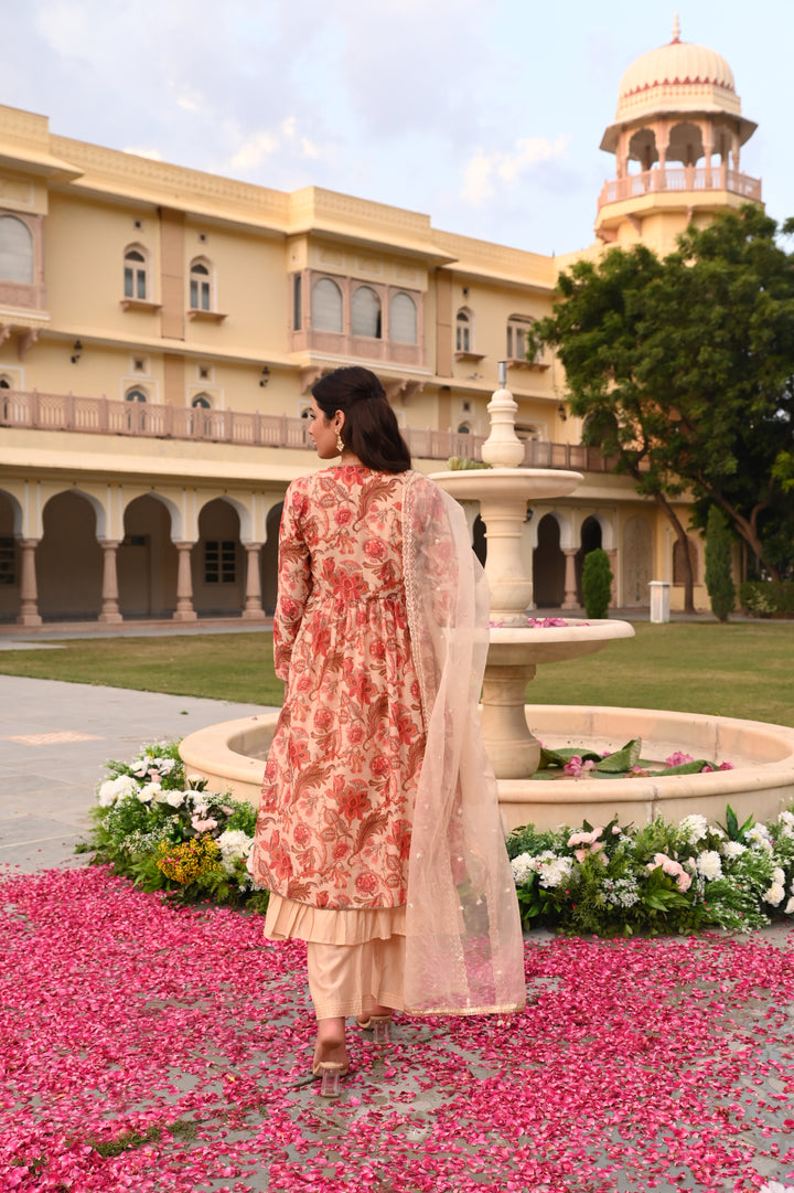 Beige Chanderi Floral Print Zari Work A-Line Kurta Ethnic Jacket Palazzo With Dupatta