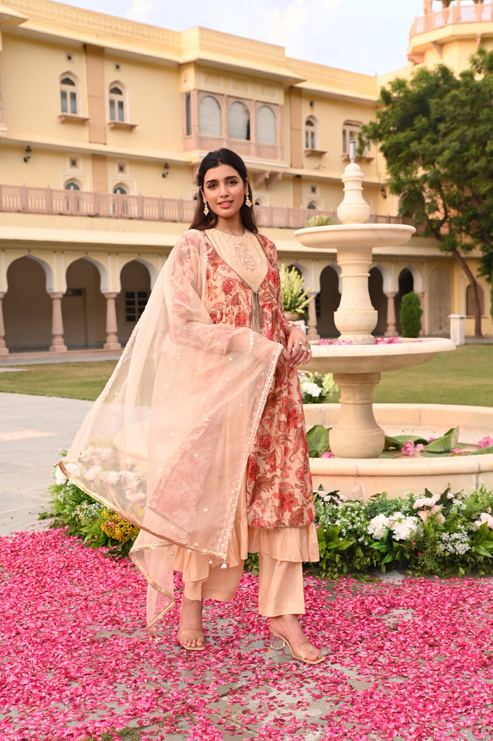 Beige Chanderi Floral Print Zari Work A-Line Kurta Ethnic Jacket Palazzo With Dupatta