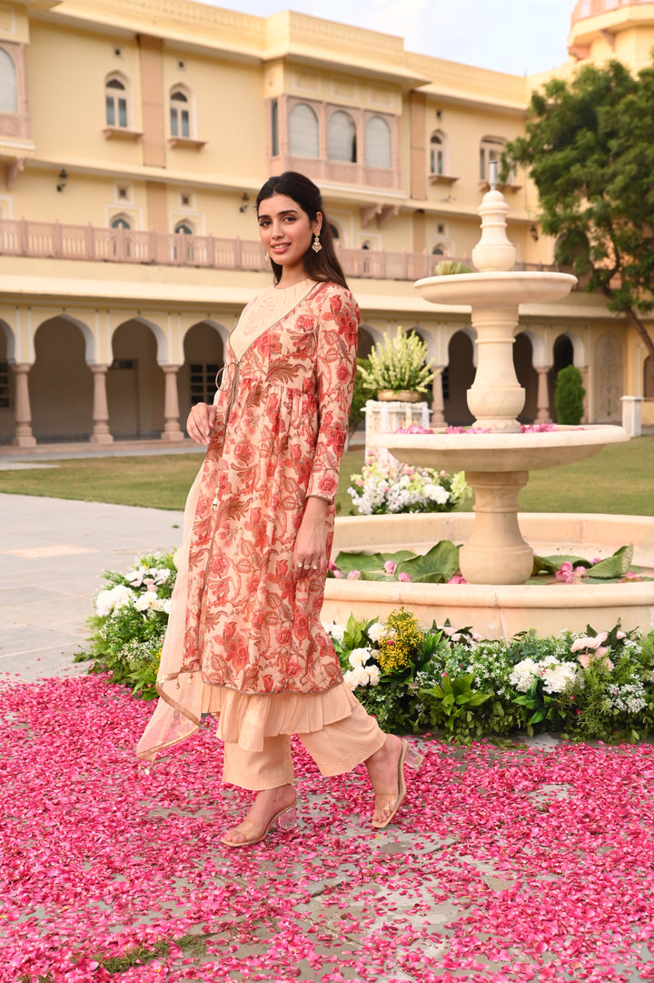 Beige Chanderi Floral Print Zari Work A-Line Kurta Ethnic Jacket Palazzo With Dupatta