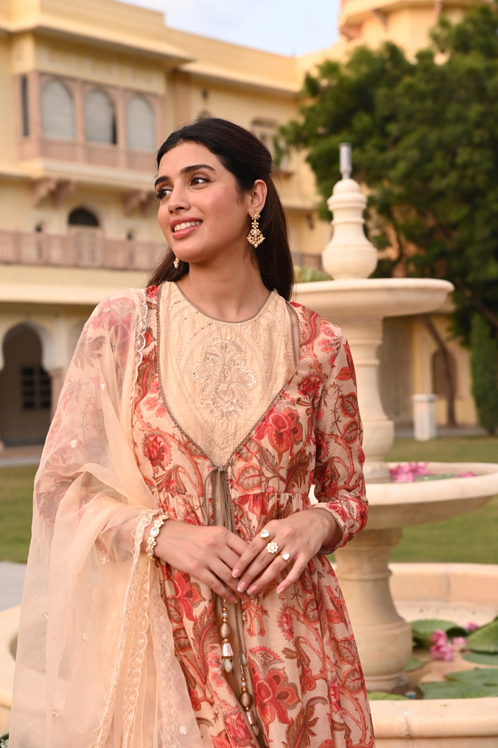 Beige Chanderi Floral Print Zari Work A-Line Kurta Ethnic Jacket Palazzo With Dupatta