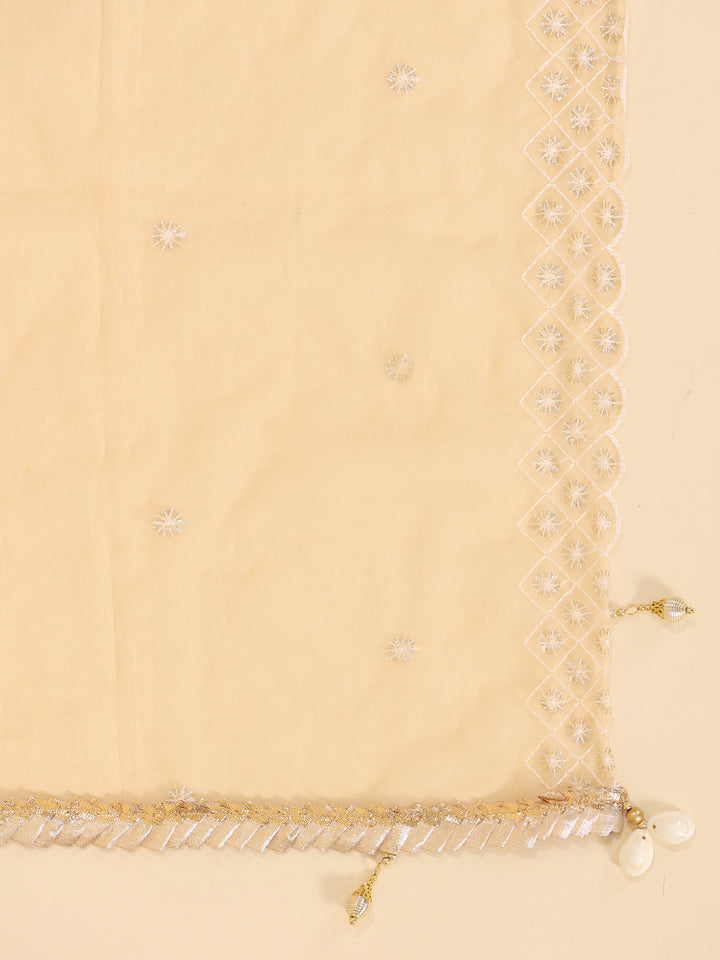 Beige Chanderi Floral Print Zari Work A-Line Kurta Ethnic Jacket Palazzo With Dupatta