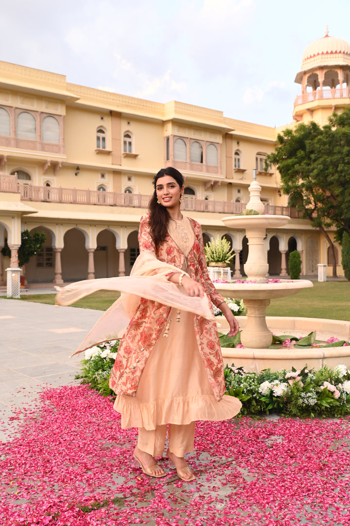 Beige Chanderi Floral Print Zari Work A-Line Kurta Ethnic Jacket Palazzo With Dupatta