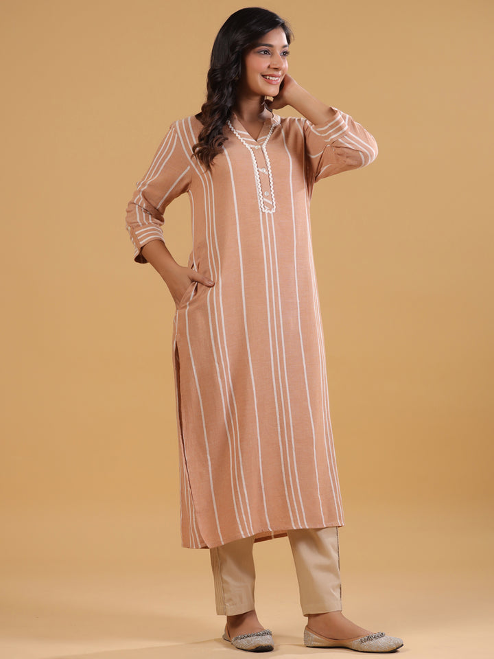 Beige Yarn Dyed Striped Kurta
