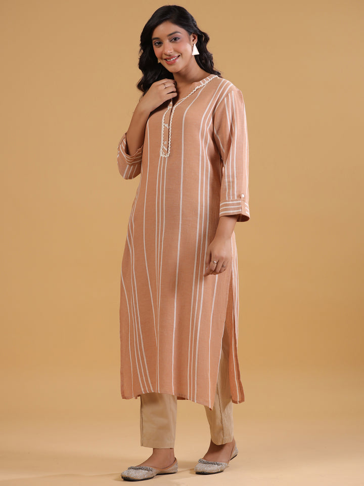 Beige Yarn Dyed Striped Kurta