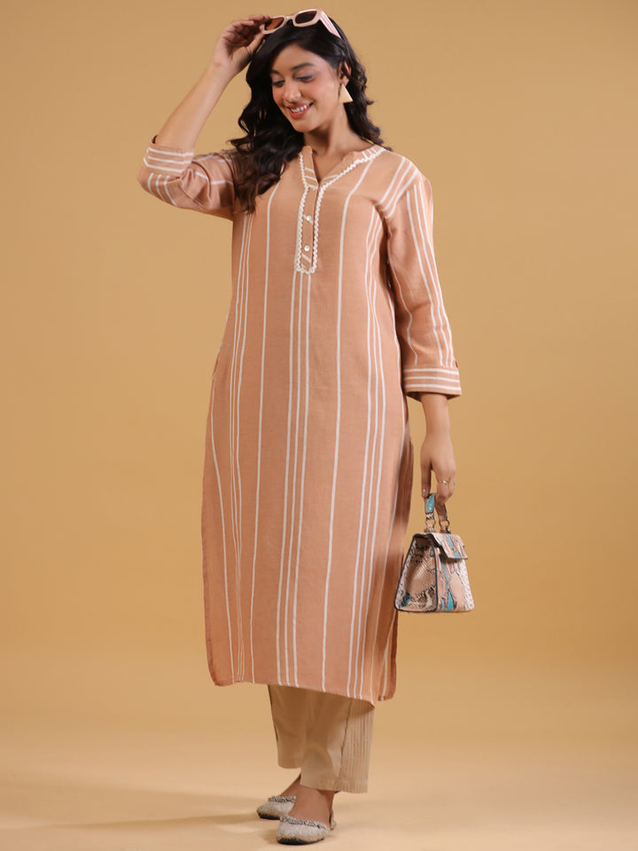 Beige Yarn Dyed Striped Kurta