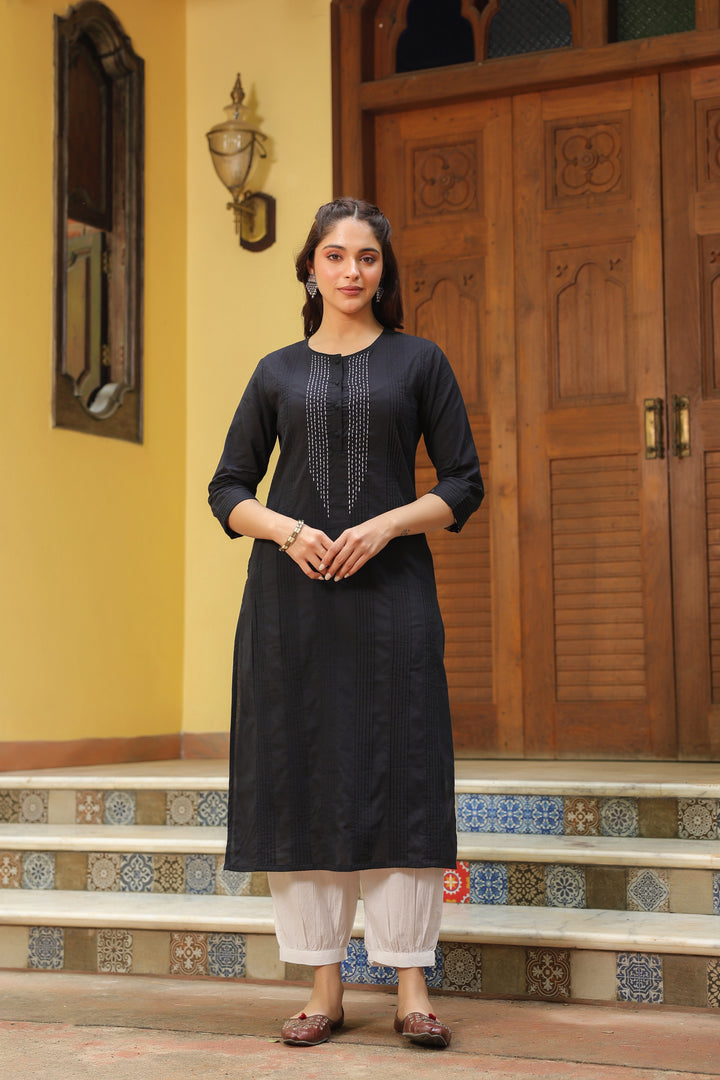 Black Cotton Detailed A Line Detailed Kurta