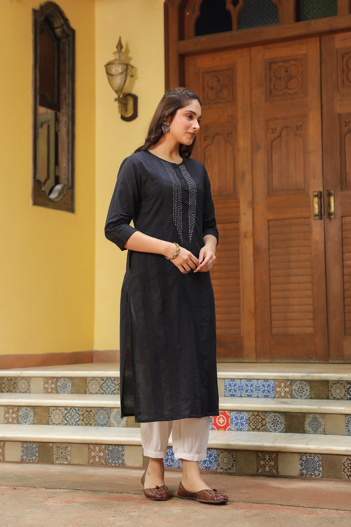 Black Cotton Detailed A Line Detailed Kurta