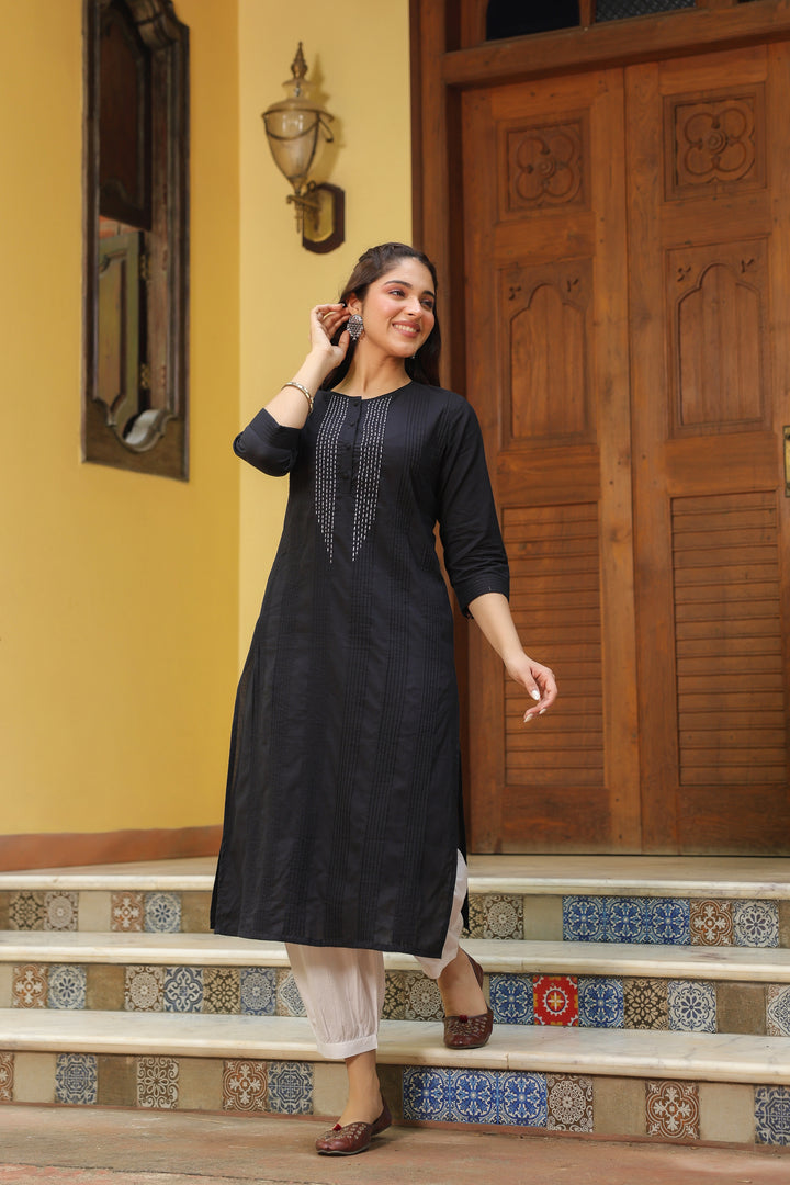Black Cotton Detailed A Line Detailed Kurta