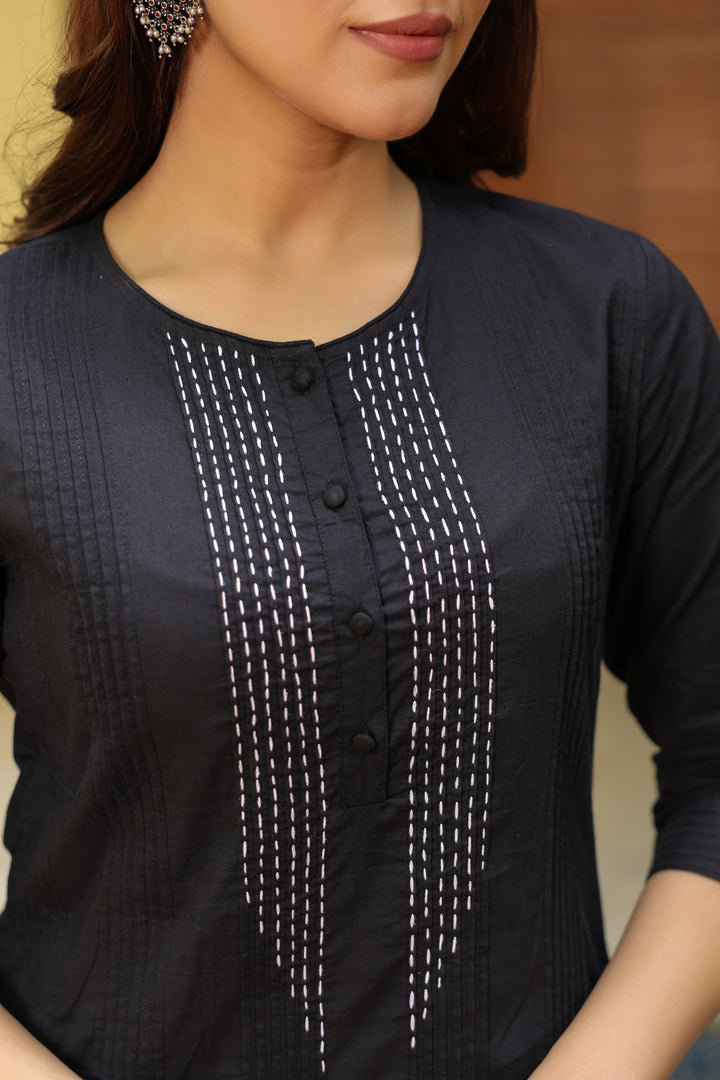 Black Cotton Detailed A Line Detailed Kurta