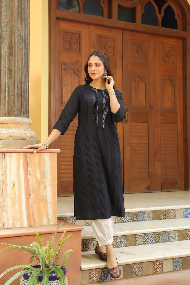 Black Cotton Detailed A Line Detailed Kurta