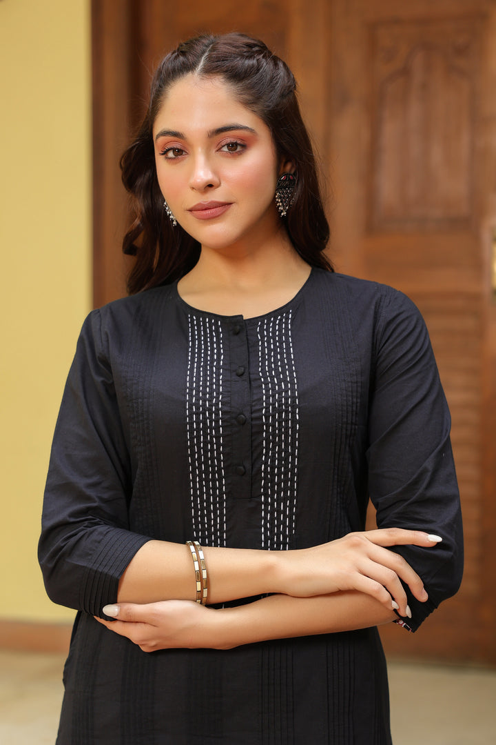 Black Cotton Detailed A Line Detailed Kurta