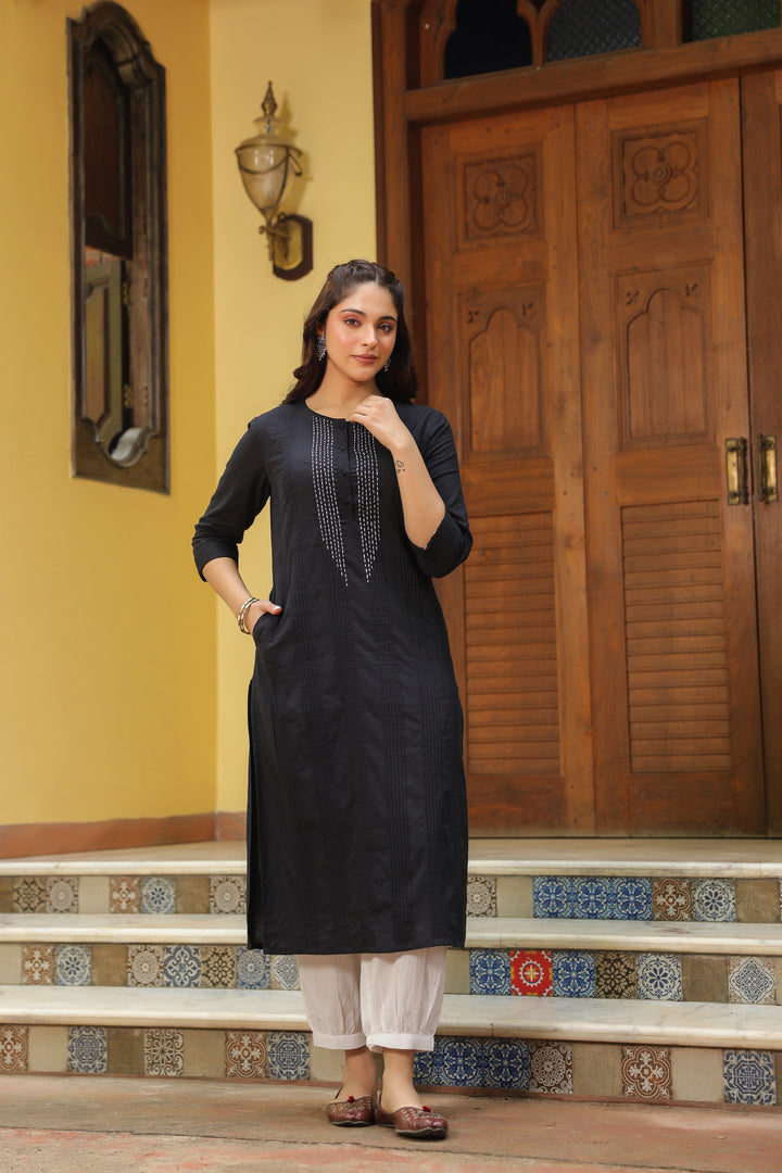 Black Cotton Detailed A Line Detailed Kurta