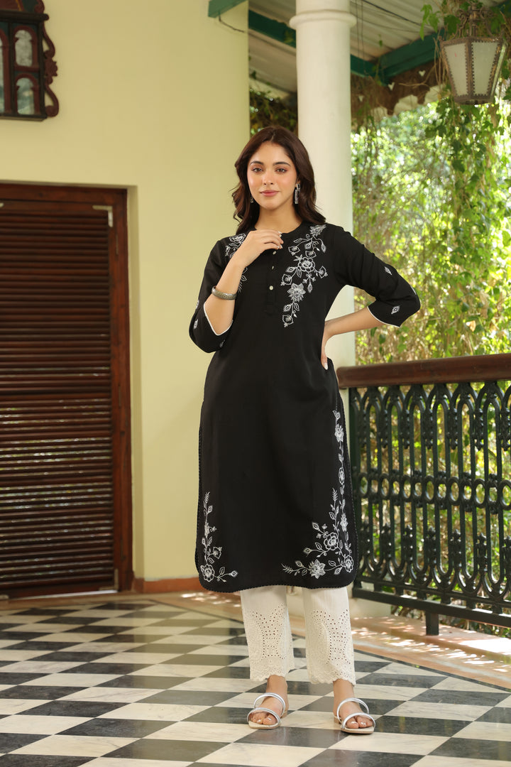 Black Cotton Embroidered Kurta