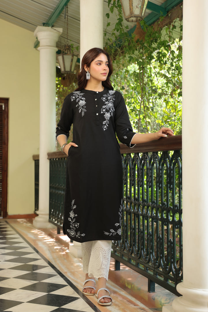 Black Cotton Embroidered Kurta