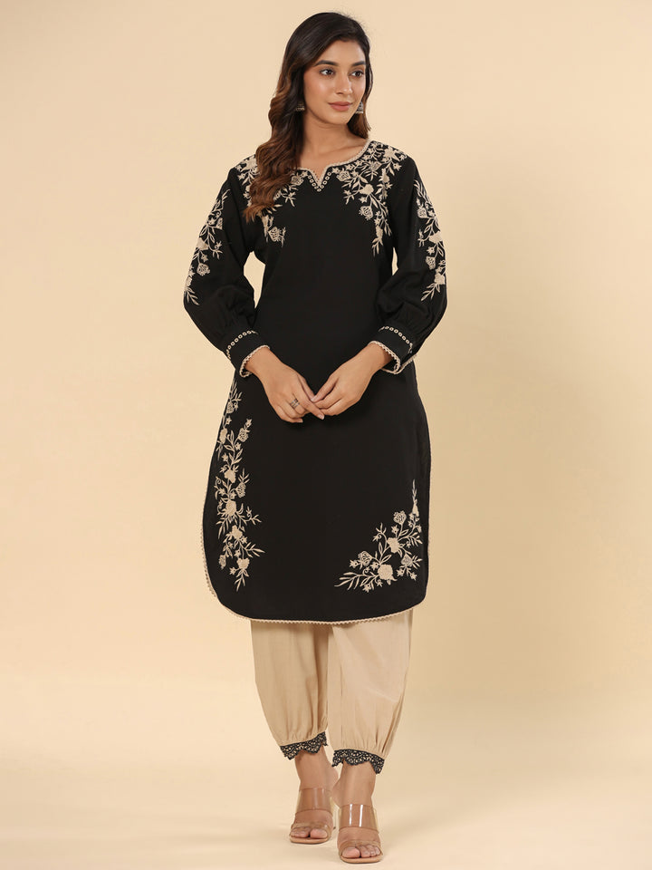 Black Pure Cotton Solid Print Embroidery Work Straight Kurta Pant Set