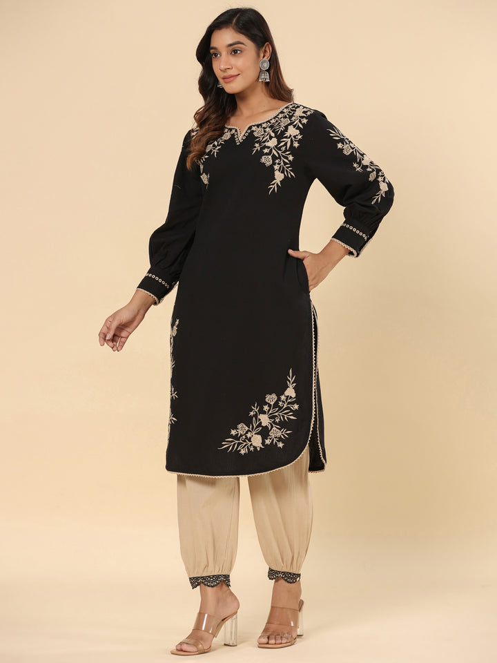 Black Pure Cotton Solid Print Embroidery Work Straight Kurta Pant Set