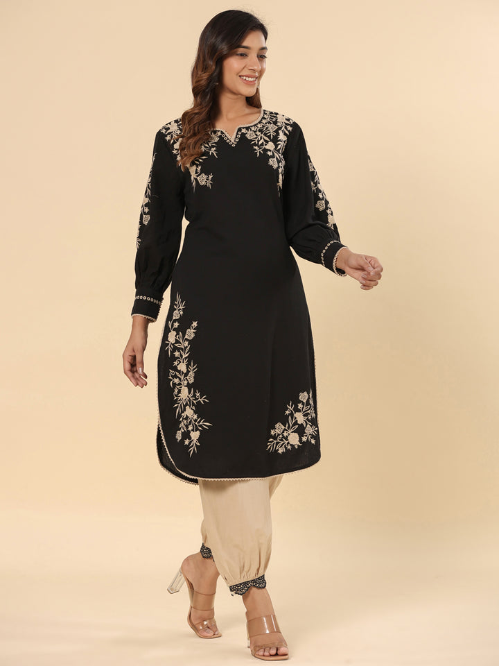 Black Pure Cotton Solid Print Embroidery Work Straight Kurta Pant Set
