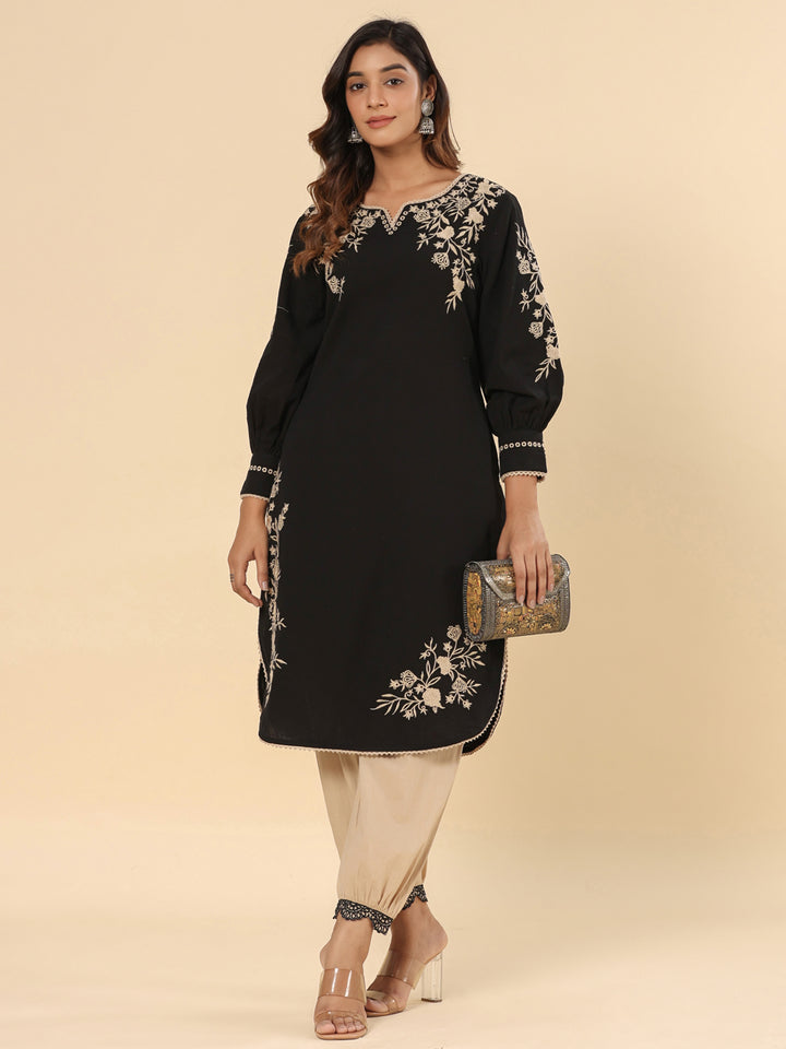 Black Pure Cotton Solid Print Embroidery Work Straight Kurta Pant Set