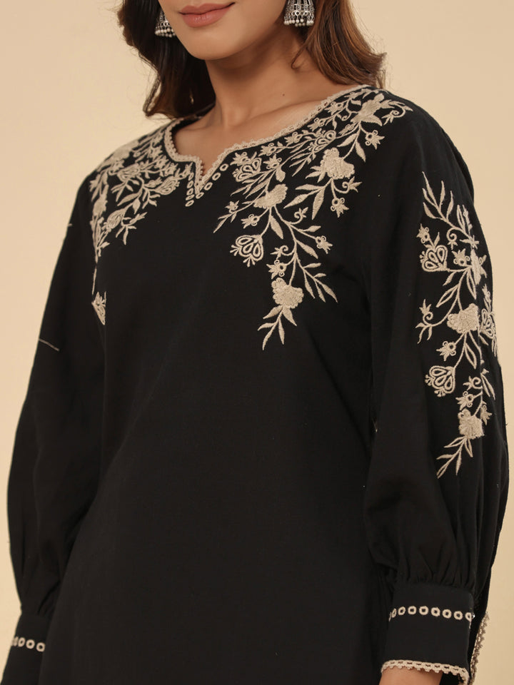 Black Pure Cotton Solid Print Embroidery Work Straight Kurta Pant Set