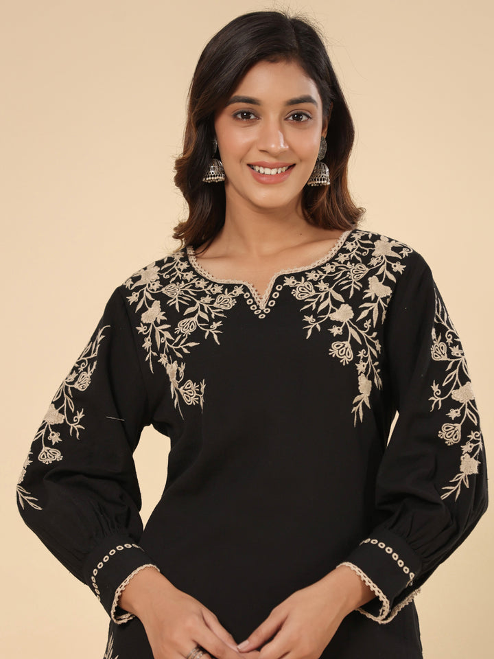Black Pure Cotton Solid Print Embroidery Work Straight Kurta Pant Set