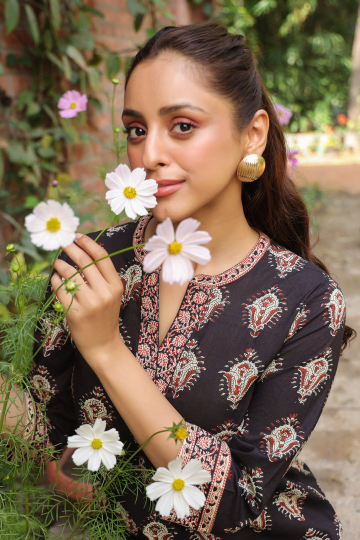 Black Cotton Printed Top