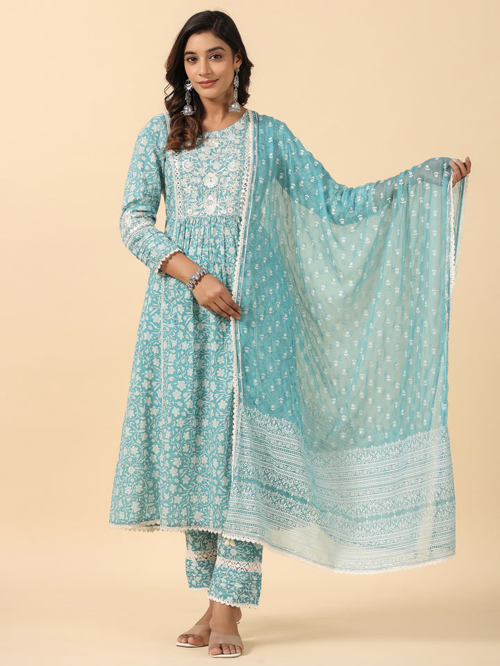 Blue Viscose Rayon Floral Print Zari Work A-Line Kurta Pant Dupatta Set