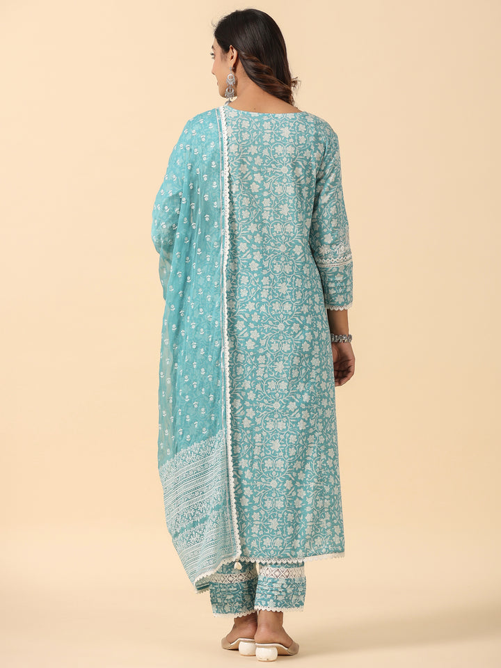 Blue Viscose Rayon Floral Print Zari Work A-Line Kurta Pant Dupatta Set