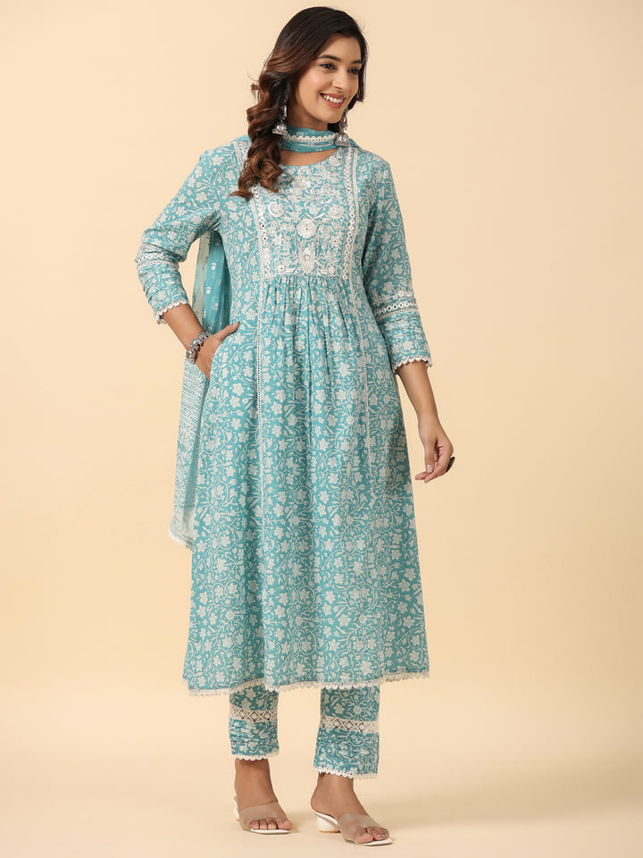 Blue Viscose Rayon Floral Print Zari Work A-Line Kurta Pant Dupatta Set