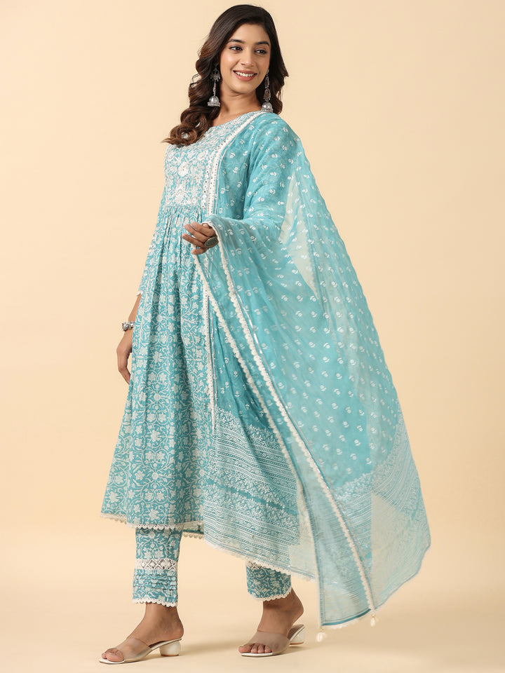 Blue Viscose Rayon Floral Print Zari Work A-Line Kurta Pant Dupatta Set