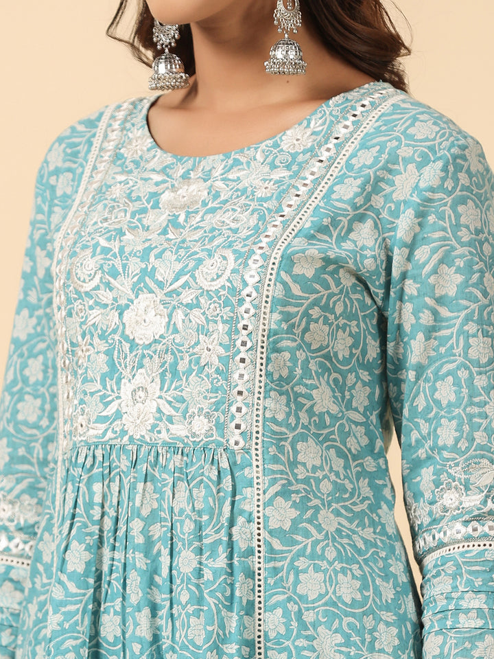 Blue Viscose Rayon Floral Print Zari Work A-Line Kurta Pant Dupatta Set