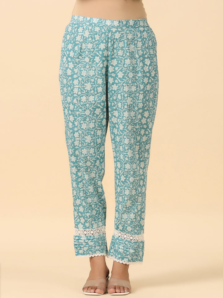 Blue Viscose Rayon Floral Print Zari Work A-Line Kurta Pant Dupatta Set