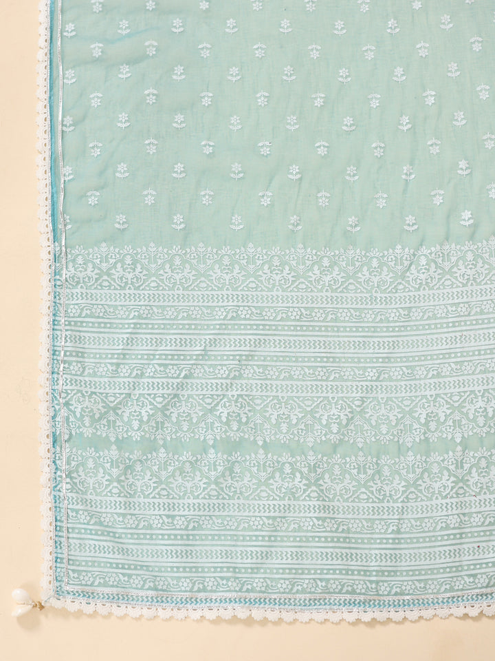 Blue Viscose Rayon Floral Print Zari Work A-Line Kurta Pant Dupatta Set