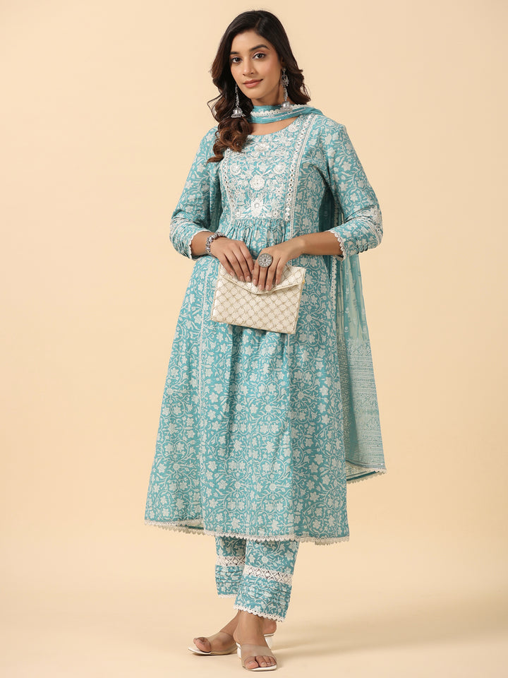 Blue Viscose Rayon Floral Print Zari Work A-Line Kurta Pant Dupatta Set