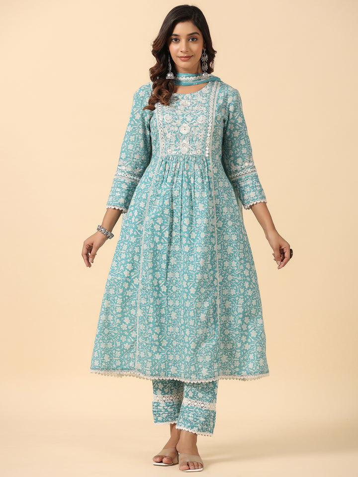 Blue Viscose Rayon Floral Print Zari Work A-Line Kurta Pant Dupatta Set