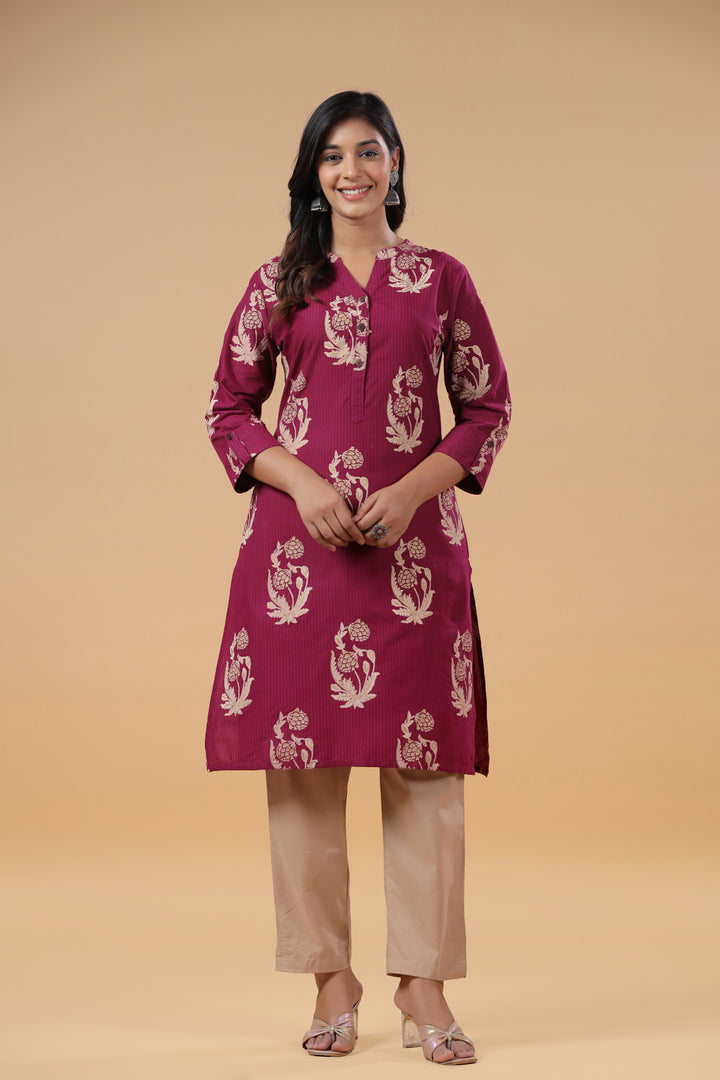 Wine Cotton Printed Mandarin Collar Kurta Pant Set